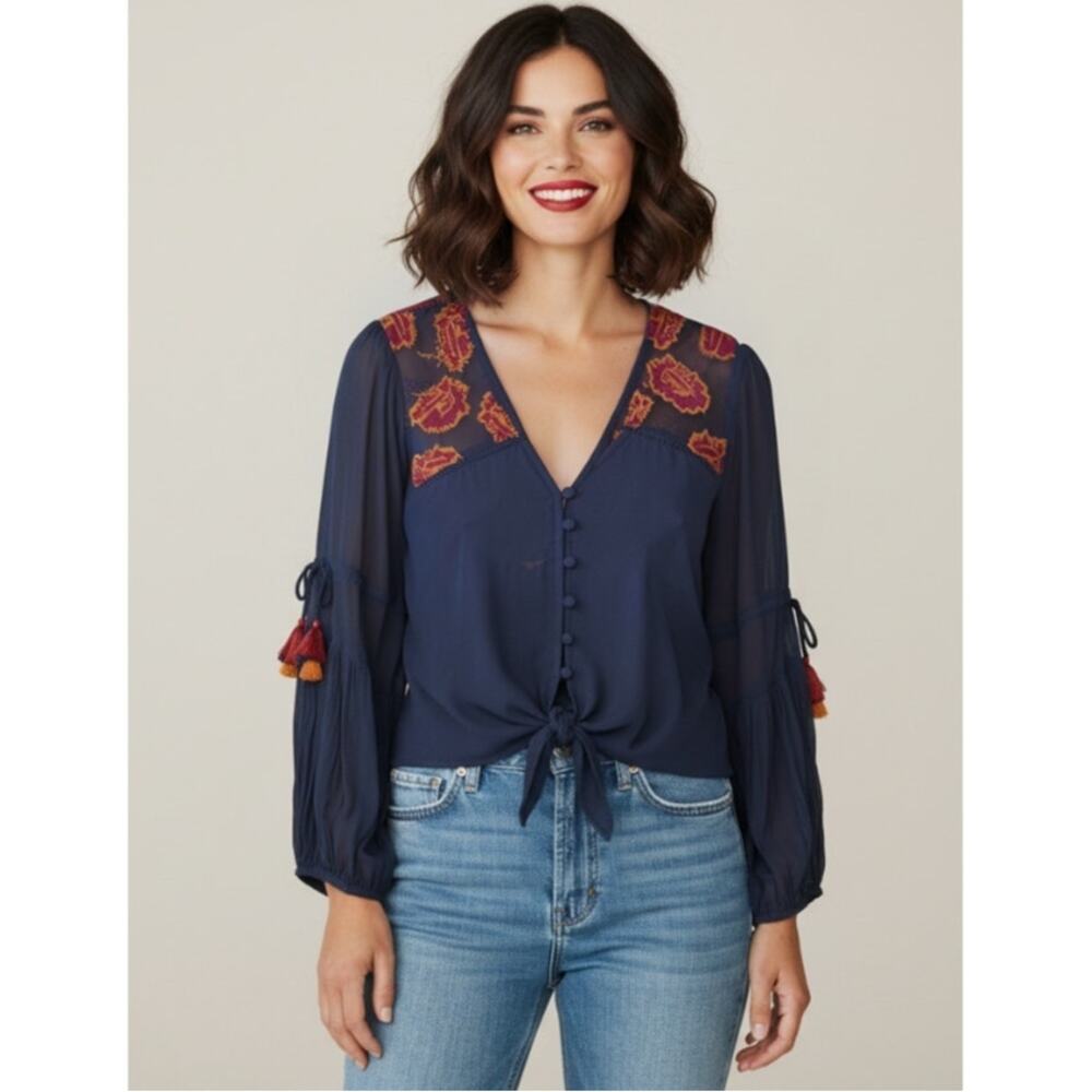 Chloe Oliver Top Wmns Small Embroidered Blouson Tassel Sleeve Lined Boho Blouse